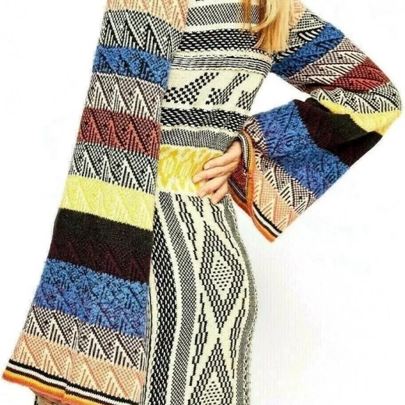 Free People Sz L Bell Sleeve Patchwork Sweater Dress 70s Retro Striped Knit Boho - Picture 2 of 8
